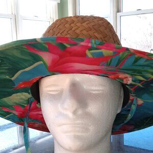 Tropical Flower & Flamingo Underbrim Straw Beach Sun Hat w/Tie